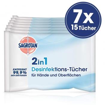 Toallitas Desinfectantes Sagrotan 2 en 1 - Pack de 15 unidades, para manos y superficies