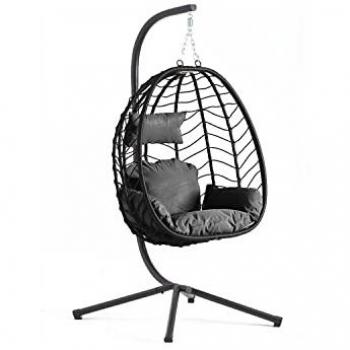 Sillón Colgante de Resina y Acero Negro con Diseño Lima, Cojín Desenfundable, Revestimiento en Polvo, Hamaca Sentada, Resistente al Agua