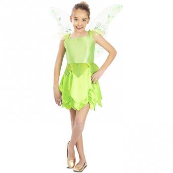 Disfraz de Hada Verde para niña con vestido de hojas, alas brillantes y varita mágica