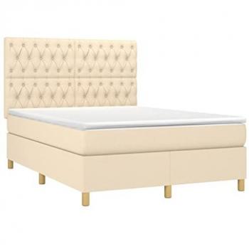 Cama box spring con colchón y luces LED, tela crema, 140x190 cm
