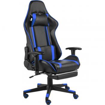 Silla de juego con reposapiés giratorio azul de PVC, dimensiones 123-133x68x69 cm