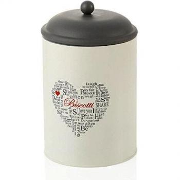 MONTEMAGGI Tarro cilíndrico de hierro esmaltado de color blanco y pizarra de estilo Shabby Chic. Contenedor para galletas con tapa de cierre hermético con frases y decoración. Dimensiones: 13,5 x 13,5 x 17 cm.