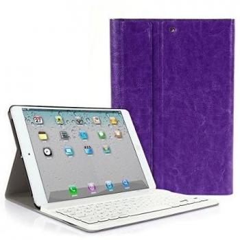 CoastCloud color morado funda Cubierta protectora cuero PU con Teclado Inalambrico QWERTY espanol para iPad mini 1/iPad mini 2 con Bluetooth