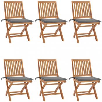 Sillas de jardín plegables 6 piezas de madera maciza teca con cojines gris
