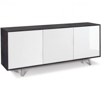 Aparador 3 Puertas con Apertura Push-Pull, Estructura Óxido Negro y Frontal Blanco Brillo, 177x41x74 cm