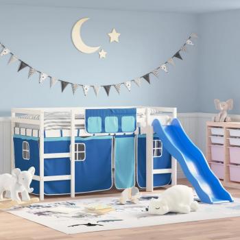 Cama alta para niños con cortinas de pino macizo azul 90x200 cm