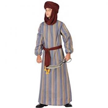 Disfraz de Árabe a Rayas para niño, incluye túnica marrón con rayas, pantalones sueltos, cinturón y toca, talla 3-4 años
