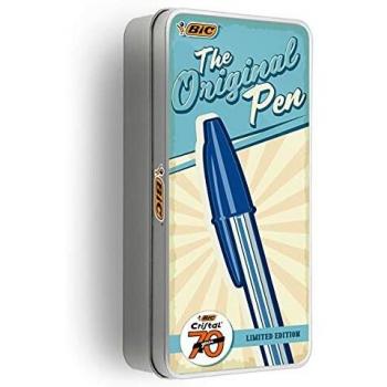 BIC Bolígrafos de bola, cristal edición limitada 70 aniversario, juego de papelería con estuche de metal reutilizable, colores surtidos, paquete de 17 unidades