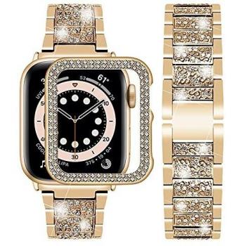 Wutwuk Correa para Apple Watch 44mm 45mm Correa con Funda Protectora Bling Brillante Elegante de Diamantes para Hombres y Mujeres Correa Compatible con Apple Watch 7/6/5/4/3/2/1/SE-Oro