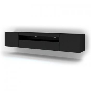 Mueble para TV efecto madera Negro con LED, 200 cm de largo, acabado negro mate, diseño universal