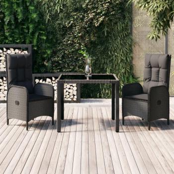 3-Piece Black Poly Rattan Garden Dining Set with Cushions