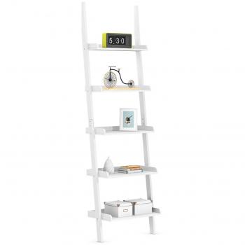 Estante de Escalera Costway con 5 Estantes de Madera, Estante de Pared para Planta y Flores, Librería, Dimensiones: 56 x 32,5 x 189 cm, Color Blanco