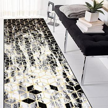 Alfombra de Pasillo Moderna Gloss 409A 82 Cubo Elegante Glamour Art Decó Negro/Gris/Oro 60x300 cm
