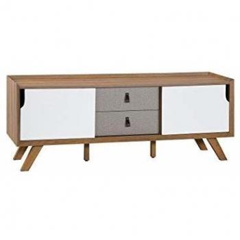 Aparador TV Acton de MDF en madera clara con 2 puertas correderas blancas y 2 cajones grises (56 x 147 x 42 cm)