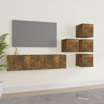Mueble de TV de salón 6 piezas madera de ingeniería 60 x 30 x 30 cm, Mueble de Televisor, Mesa de TV, Set de muebles de TV madera contrachapada roble ahumado