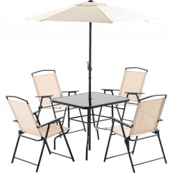 Outsunny 5 Piezas Conjunto de Muebles de Jardín, Set con 4 Sillas Plegables, Mesa de Comedor con Tapa de Vidrio Templado y Sombrilla Inclinable, Protección