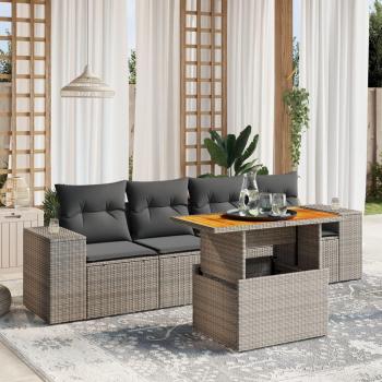 5-Piece Grey Poly Rattan Garden Sofa Set with Cushions