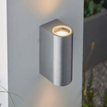 Aplique de jardín Doron - Lámpara de pared para exterior IP44, aleación cepillada, vidrio transparente, 2 bombillas GU10, potencia máxima 35W, dimensiones 14.5 cm