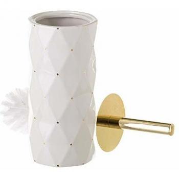 Escobillero geométrico Blanco y Dorado de cerámica y Metal contemporáneo, de ø 11x32 cm - LOLAhome