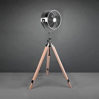 Ventilador de pie industrial Tromso con trípode de madera neutra, altura ajustable y triple velocidad de ventilación