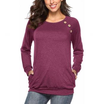 Martiount Camiseta de Manga Larga para Mujer con Bolsillo Botón Design Blusa Camisa Cuello Redondo Basica Camiseta Tops Otoño Casual T-Shirt Wine XL