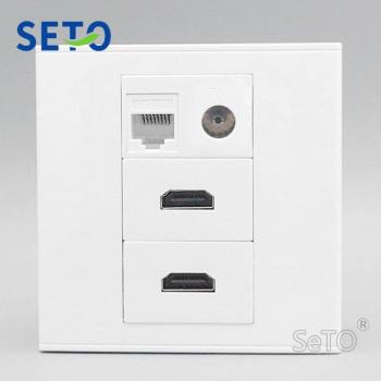 Placa de Pared Keystone Tipo 86 con 2 Puertos HDMI, TV y Red RJ45 Cat5e