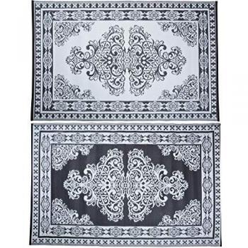 Alfombra de jardín reversible con diseño persa 186x120 cm, resistente al agua, color negro y blanco
