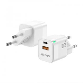 Aisens ASCH-20W2P002-W Cargador GaN de Pared 1x USB Tipo-C PD3.0 QC4.0 1x USB-A QC3.0 20W Blanco