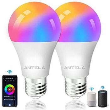ANTELA Bombilla Inteligente Alexa Bombilla Wifi E27 10W 1000LM Compatible Con Google Home/Alexa, Bombilla RGBW 2700K-6500K, 16 Millones de Colores, 25000 Horas de Vida Útil, 2 Paquete