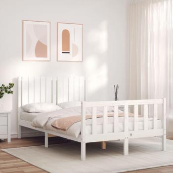 Cama de matrimonio con cabecero blanco pequeño, estructura de madera maciza