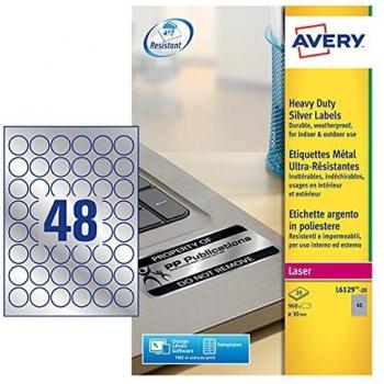 Avery Dennison España L6129-20 - Pack de 20 folios de etiquetas de poliéster, diámetro 30 mm, color plateado