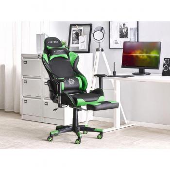 Silla de Gaming Victory Negra y Verde con Reposabrazos Ajustables, Reposapiés y Piel Sintética