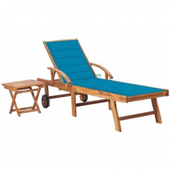 Teak Wood Sun Lounger with Table and Cushion