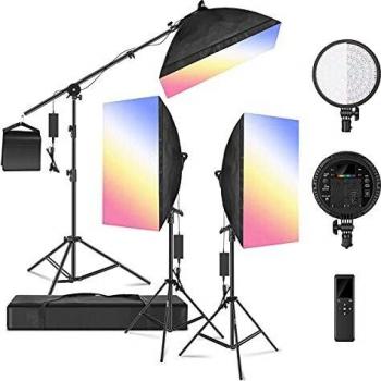 Neewer RGB LED Softbox Iluminación Kit con Control Remoto 2,4G: 3 Pack Cabezales de Luz LED Regulables de 48W con 3200~5600K CRI95+ 360° a Todo Color Efecto de 10 Escenas con Softbox Soporte y Brazo
