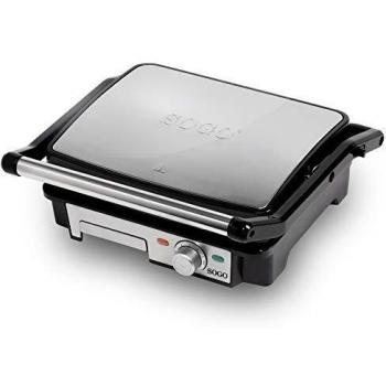 SOGO SS-7131 Sandwichera Plancha Lisa Eléctrica de 2000W, Superficie de 28x22 cm, Con Placas Planas Antiadherentes y Apertura de 180º, Color plateado