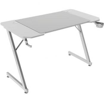 Mesa Gaming Ergonómica XXL MGD-X120, Superficie de Fibra de Carbono, Estructura Metálica, Soporte para Auriculares y Bebidas, Gestión de Cableado, 120x60cm, Color Blanco