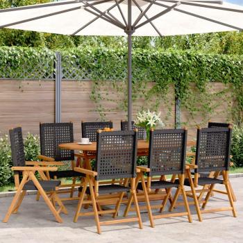 Sillas de jardín reclinables 8 piezas Polyrattan negro y madera maciza