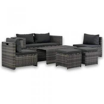 6-Piece Grey Poly Rattan Garden Lounge Set with Cushions
