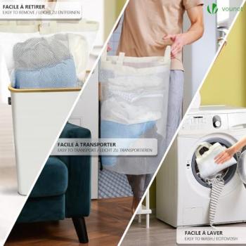 Cesto Plegable para Ropa Sucia 145L con Ruedas y Bolsas Interiores, Beige - Vounot