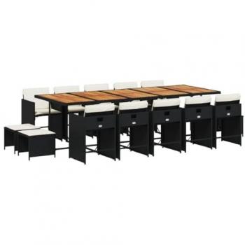 Set comedor de jardín con cojines 15 pzas ratán sintético negro