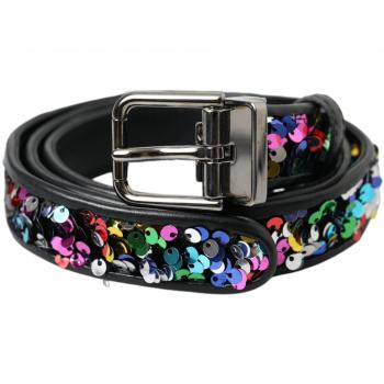 Dolce & Gabbana Black Sequined Silver Metal Buckle Women Belt - 90 cm / 36 Inches