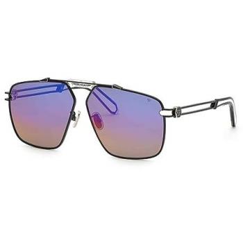 Philipp Plein Men's Semi Matt Black Sunglasses with Shiny Palladium Parts and Smoke/Mirror Rainbow Lenses, 63 MM