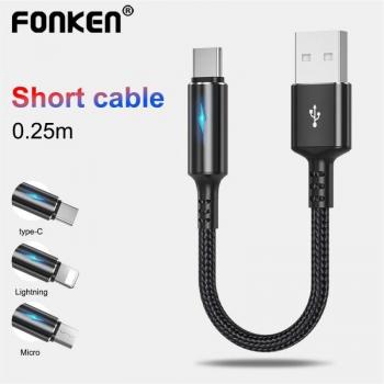 Cable de carga USB corto Fonken de 25 cm con micro USB tipo C para iPhone, Huawei y Android, 2.4A, carga rápida, con luz indicadora, color negro