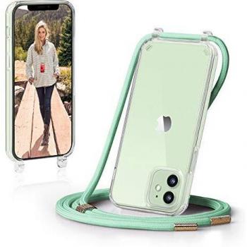 GOODVISH Funda con Cuerda para iPhone 12/12Pro 6.1'', A Prueba de choques Carcasa Transparente TPU, Case con Correa Colgante Ajustable Collar Correa de Cuello Cadena Cordón - Verde