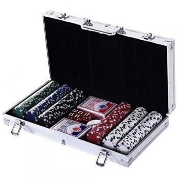 HOMCOM Maletín de Poker Profesional con 300 Fichas y 2 Barajas Juego Set de Poker Casino Aluminio 5 Dados, 2 Barajas y 1 Ficha de Crupier