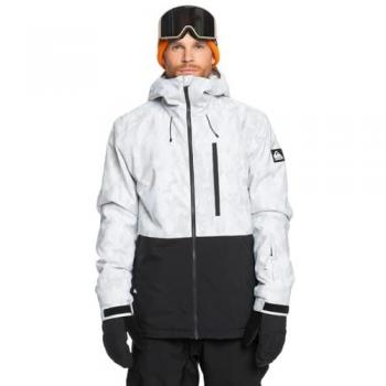 Chaqueta de esquí Quiksilver Mission con capucha, color blanco claro y negro, talla S, diseño impreso Nature Zoom Birch, estándar para hombre