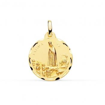 Medalla de Oro 18k Virgen de Fátima 18mm con Borde Tallado y Grabación Incluida