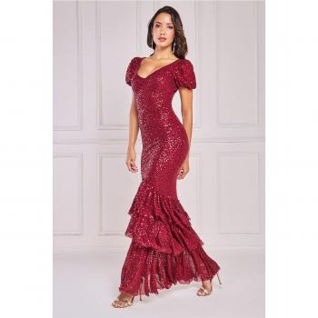 Goddiva Puff Sleeve Tiered Hem Maxi Dress - Wine