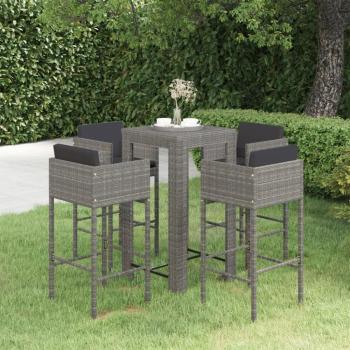 5-Piece Gray Poly Rattan Garden Bar Set with Cushions
