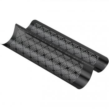 Molde para Baguette Perforado Kaiser Inspiration para 2 Baguettes, Acero Inoxidable Antiadherente con Recetario, 40x20 cm